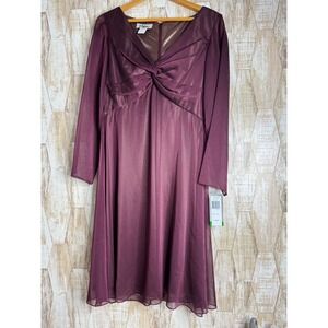 Vintage Patra Plum Maroon Twist Front Chiffon Long Sleeve Cocktail Dress 10 NWT